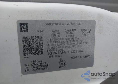 2020 GMC Savana Cargo Rwd 2500 Regular Wheelbase Work Van z USA, uszkodzony, nr VIN 1GTW7AFG3L1237306